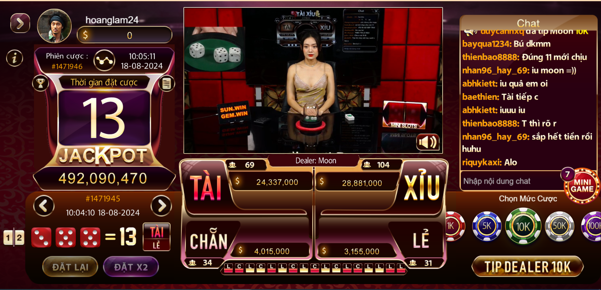 Sảnh cược Tài xỉu Livestream của Sunwin được chủ trì bởi dealer xinh xắn và chuyên nghiệp